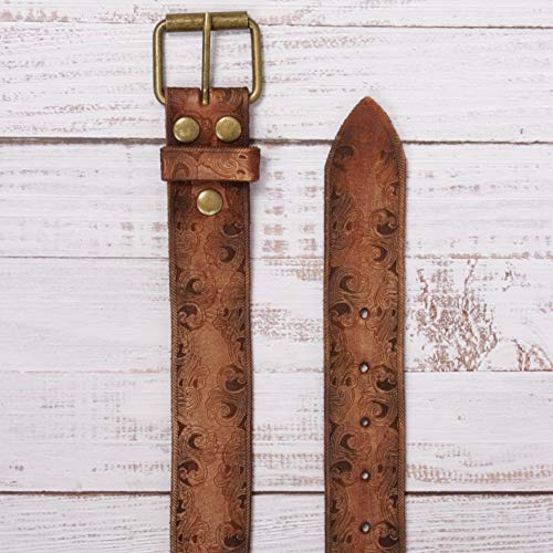 Snap On Soft Hand Floral Embossed Vintage Cowhide Full Grain Leather Casual Jean Belt3