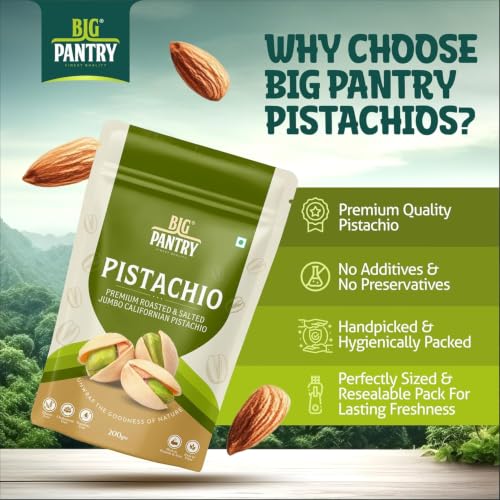 Image of BIG Pantry Premium Roasted & Salted California Pistachios 200g | Jumbo Shelled Pista | Crunchy Protein-Rich Dry Fruits | Gluten Free | Resealable Freshness Pouch (Pack Of 1)