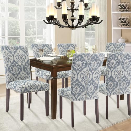 Image of Parsons Dining Chairs Set of 4, Upholstered Nailhead Dining Room Kitchen Side Chair with Thick Cushions and Wood Legs, White /Blue