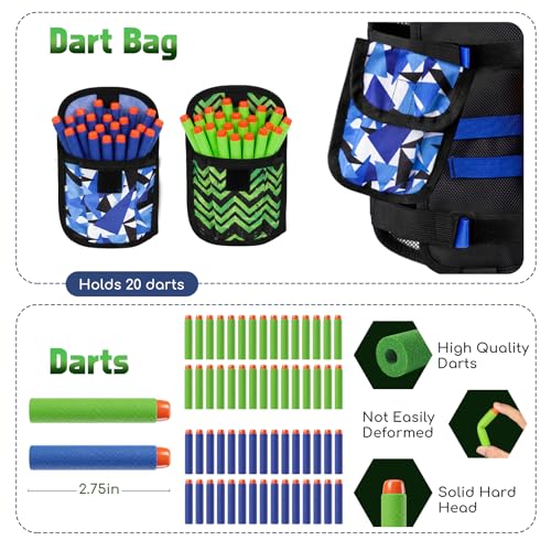 Image of Lehoo Castle 2PACK Kids Tactical Vest Kit for Nerf Guns N-Strike Elite Series for Boys Girls, with 60 Refill Darts, Dart Pouch, Tactical Mask, Reload Clips, Protective Glasses (Blue+Green)