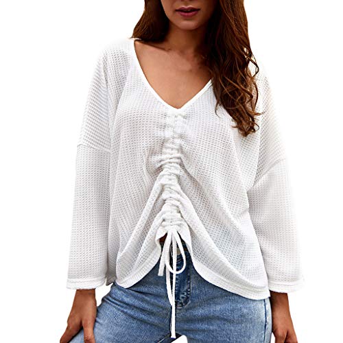 Long Sleeve Tee Blouse Women, Amiley Women Solid Color Drawstring Cinch Front V Neck Long Sleeve T Shirts Casual Blouse Top (Medium, White)
