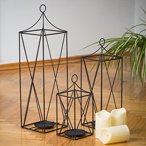 Set Of 3 Tall Metal Lanterns 24’’ & 19’’ & 13’’ Elegant Decorative Lantern With Pillar Candle Holder, Garden Porch Night Indoor/Outdoor For Wedding Décor, Party, Christmas (Black) #TOP4