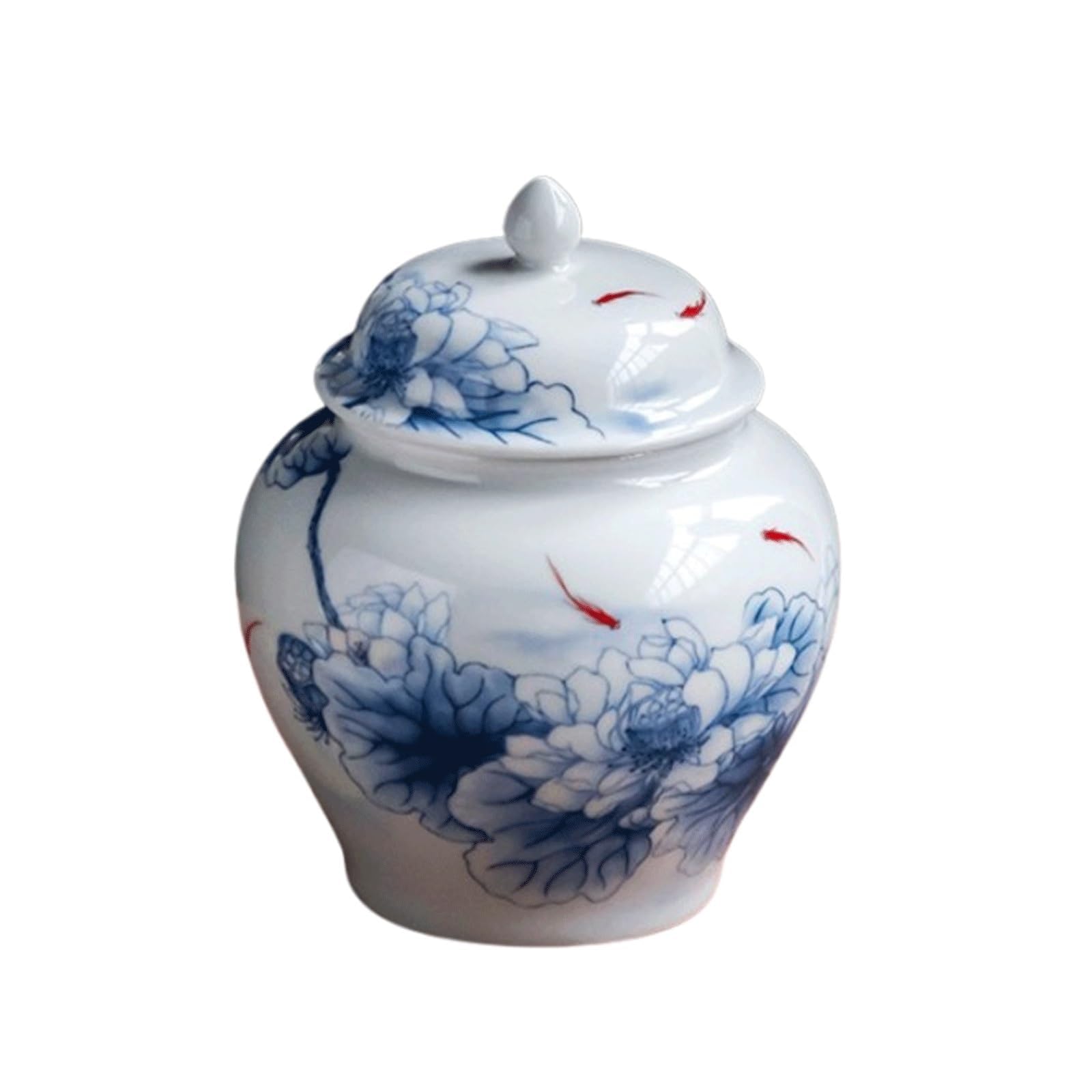 EYPKPL Ceramic Ginger Jar with Lid, Chinoiserie Blue and White Temple Jar, Koi Fish Lotus Porcelain Flower Vase Classic Oriental Storage Jar