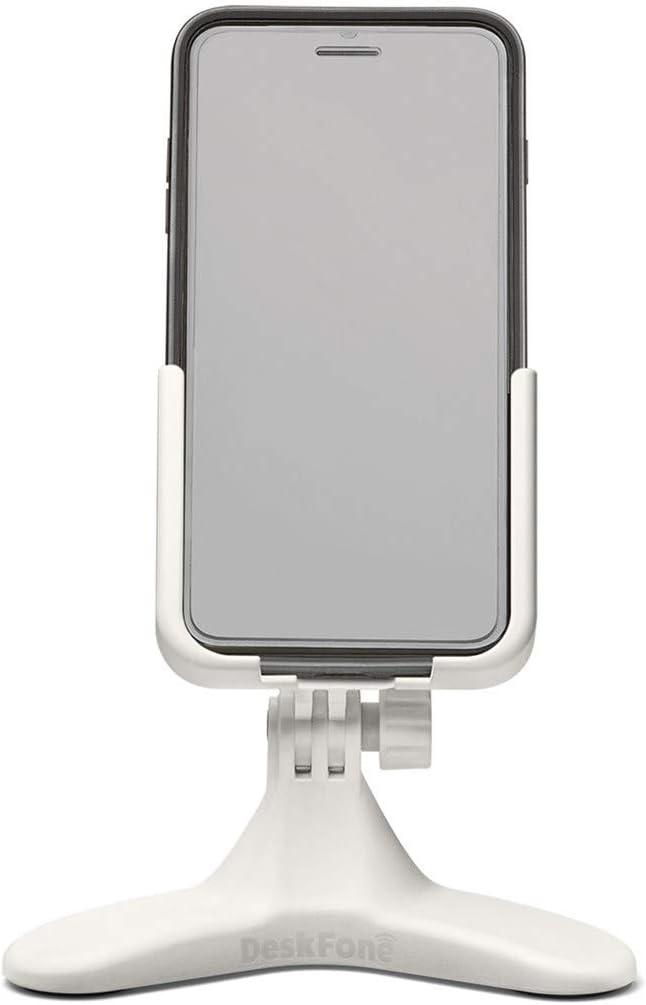 WeatherTech DeskFone in White - Adjustable, Universal Cell Phone Holder Mount Stand for Desk, Counter, Table - Tripod Design for iPhone & Smartphone Charging - Rose Gold Metal Knobs
