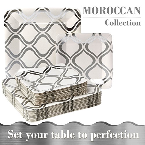 Party Disposable 36 Pc Dinnerware Set | 18 Dinner Plates | 18 Salad Or Dessert Plates | Heavy Duty Paper Plates | For Upscale Wedding And Dining | Square Metallic Silver - Moroccan Collection #TOP3