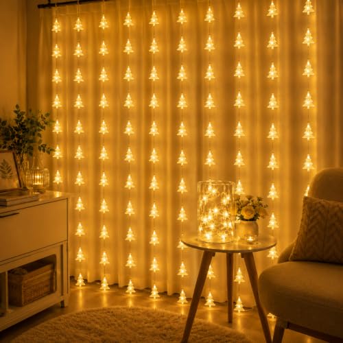 Image of Quace 80 Led Mini Christmas Tree Curtain Light 3x1 Meter with 8 Flashing Modes - Warm White Decorative LED for Home, Party & Festival Decoration