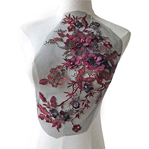 Blossom 3D Flower Applique, Beaded Sequins Flower LACE Patch Bridal Wedding Dress Embossed Beading Embroidery lace Appliques Motif Sewing Craft (Burgundy)