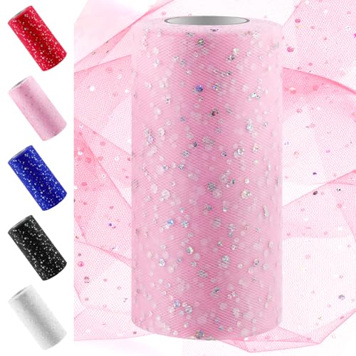 Swpeet Rouleau de tulle à paillettes roses de 15,2 cm x 45,2 m - Bobine de tissu en polyester pour bricolage, fête d'anniversaire, décorations de mariage,...