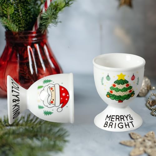 Image of Cinf Christmas Ceramic Egg Cups, Set of 2, Boiled Egg Holders for Breakfast | Set of 2 ceramic egg cups, festive Christmas design, easy to clean, ideal for boiled eggs, breakfast and table