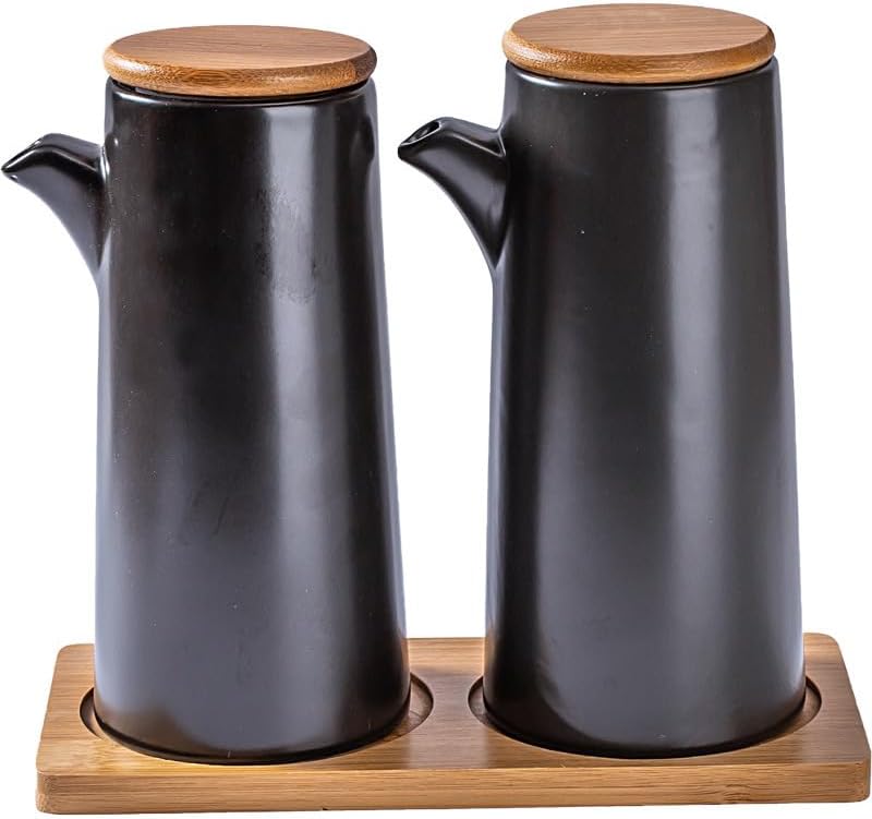 Set of 2pcs 350ml/450ml Ceramic Oil Dispenser Bottle with Wooden Lid and Saucer No Drip Oil Vinegar Cruet for Kitchen Soy Sauce Dispenser