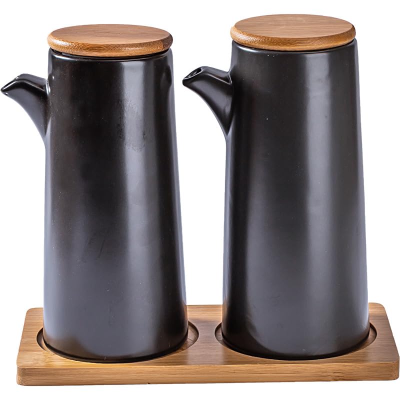 Botella dispensadora de aceite antigoteo con base de madera, juego de 2 piezas de cerámica