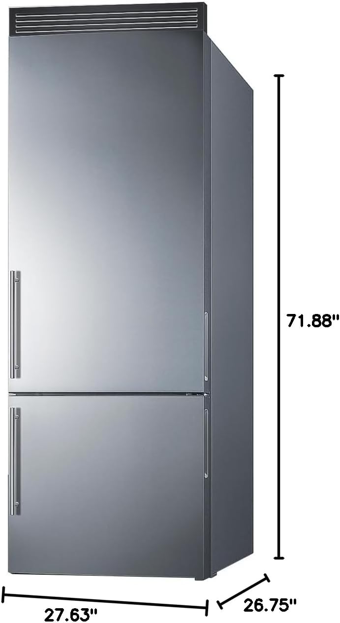 Summit FFBF279SSXH72 28” Inch Wide Freezer Refrigerator, 14.6 cu.ft, Bottom Freezer, ENERGY STAR, Frost-Free, Digital Temperature, Adjustable Glass, LED Lighting, Full-Width Door Racks (RHD)