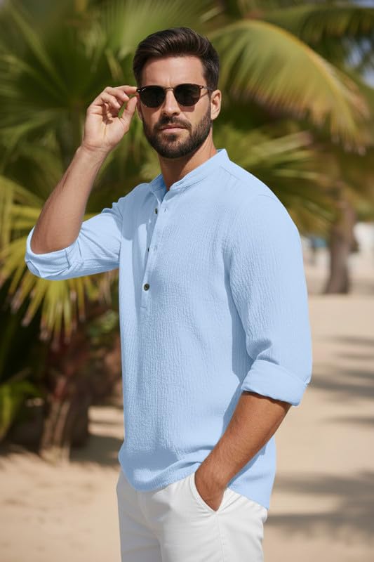 Image of Men's Cotton Blend Short Kurta with Collared Neck Full Sleeves Solid Pattern Western Style Regular Fit and Standard Length