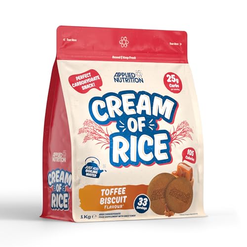 Applied Nutrition Cream of Rice - High Carbohydrate Cream of Rice Supplement Source of Energy for Breakfast & Snacks Easy to Digest Low Sugar Low Fat 1kg (Toffee Biscuit)