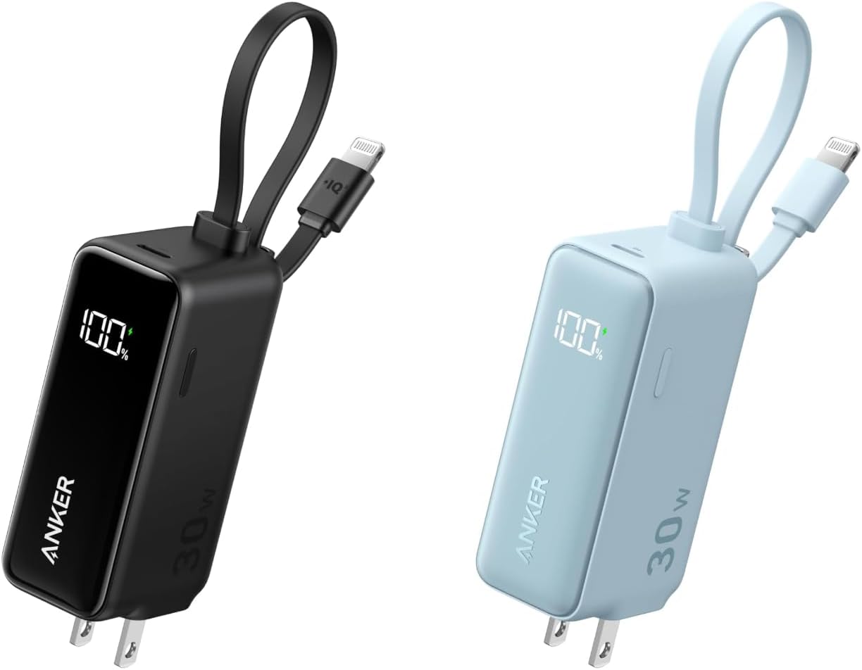 Anker 3-in-1 Power Bank, 5,000mAh Portable Charger with Built-in Lightning Cable and Foldable AC Plug, 30W Max Compact Battery Pack, for iPhone 14 Series, Galaxy, MacBook, and More（Black and Blue）