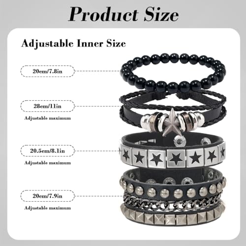 Image of GUSTAVE Bracelet for Man Punk Rock Studded Bracelets Black Leather Cuff Bracelet for Men Women Adjustable Goth Bracelets 80s Retro Style Wristband Halloween Party Accessories