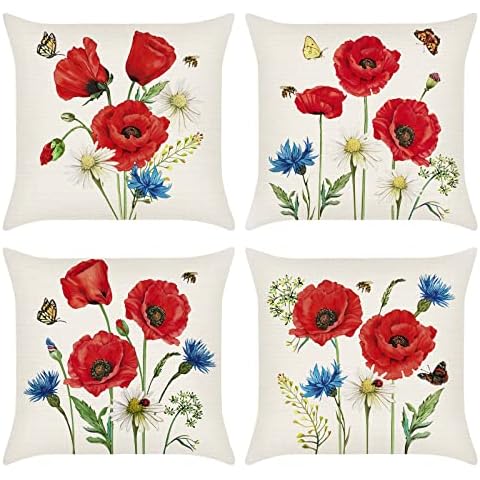 Bonhause 4er Set Kissenbezüge Blumen Rote Mohn 45 x 45 cm Polyester Leinen Dekorative Kissenhülle Zierkissenbezüge Cover