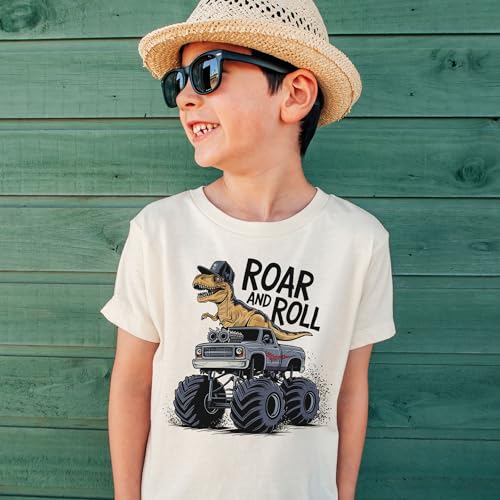 Dinosaur Monster Truck Shirts For Boys - Roar And Roll Dino Toddler & Youth Shirt - Natural Boys & Girls Graphic Tee2