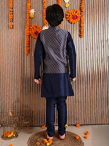 Image of LILPICKS Boys Solid Kurta Pyjama Set with Printed Nehru Jacket (Blue Golden)