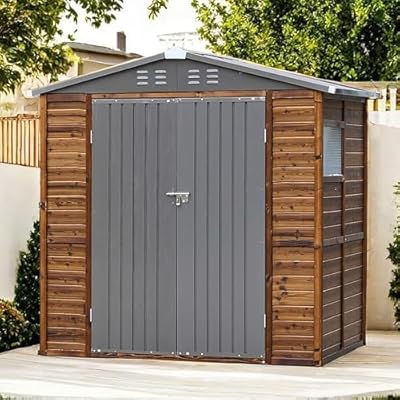 HARMIX 4x6 FT Endark Wood Heavy-Duty Metal Storage Shed with Lockable Sliding Doors, Waterproof and Anti-Corrosion, Air Vents for Garden, Backyard, Patio, and Lawn - Perfect for Tools, Bikes