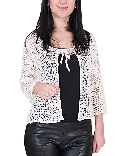 Image of Ladies Popcorn Style Crochet Plain Stretch Fish Net Tie at Waist Bolero Shrug Open Cardigan (One Size, Ivory Cardigan)