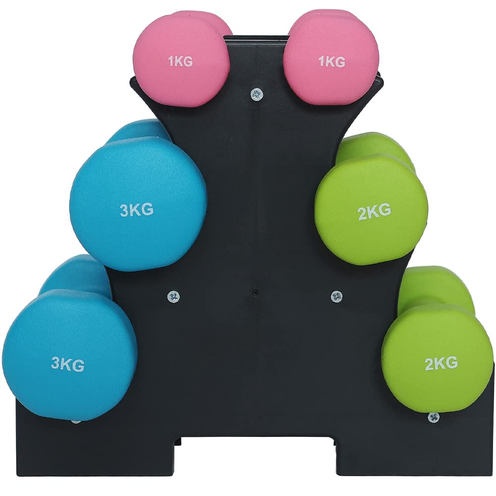BAKAJI Set mit 6 Hanteln für das Fitnessstudio mit Ständer (2 x 1 kg + 2 x 2 kg + 2 x 3 kg), Fitnessgewichte mit Schaumstoffbeschichtung, ergonomisch, rostfrei, rutschfest, körperliche Rehabilitation,