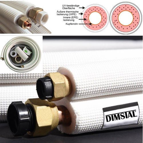 DIMSTAL 2x 5m 1/4"+1/2" Zoll Kupfer Kältemittelleitungen für 18000 BTU Split Klimageräte, Montagefertig mit Zubehör