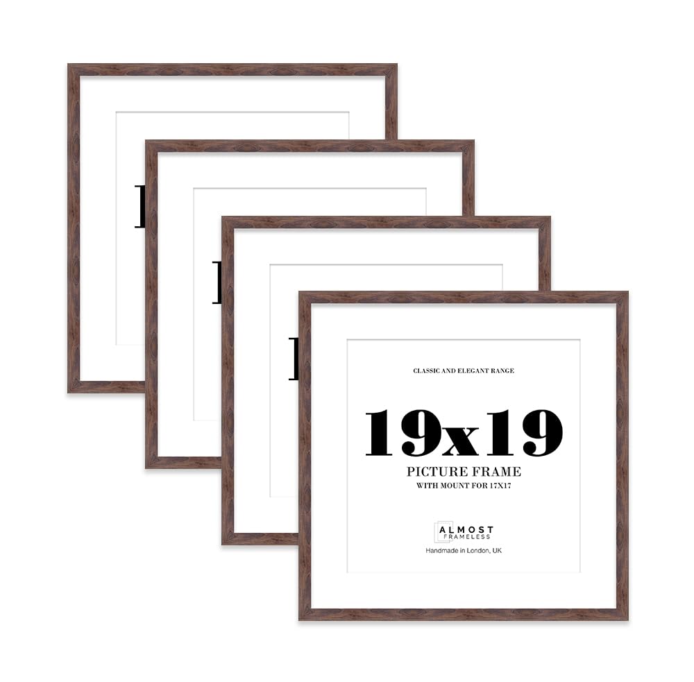 19x19 Walnut Picture Frame with Mount for 17x17 Photos, Prints - Modern Square Wall Frame, Set of 4