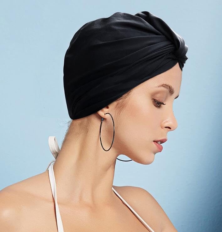 Women Pleated Fabric Swim Hat Soft Elastic Nylon Bathing Cap Shower Cap Adjustable Swimming Cap Turban Ladies Ear Protection Swim Cap Hat for Beach Surfing Springs Beauty Yoga - Image 2