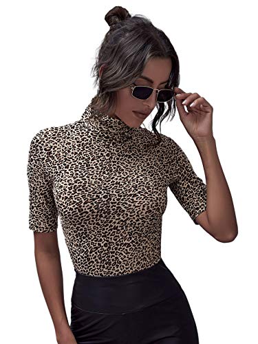 SheIn Women's High Neck Short Sleeve Slim Fit Leopard Print Tee T-Shirts Khaki Medium