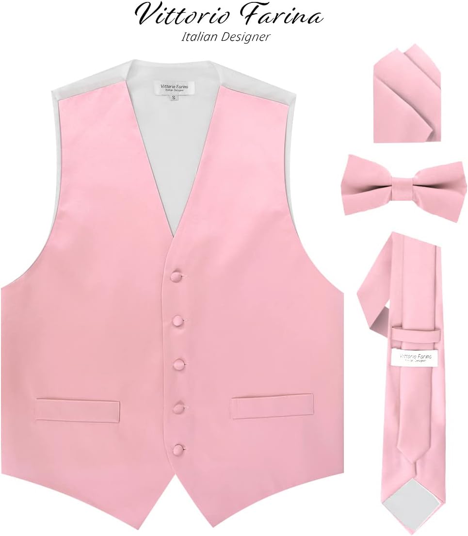 Solid Color Satin Suit Vest for Men Set of 4 - Vest, Tie, Bow Tie & Pocket Square (White Back)