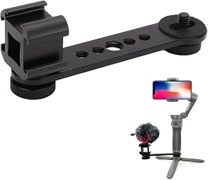 Triple Cold Shoe Mount, Gimbal Microphone Light Extension Bar Bracket Aluminium Alloy with 1/4in and 3/8in Screw Holes for OM 3/2, for Smooth 4, for Feiyu Gimbal Stabilizer(Black)