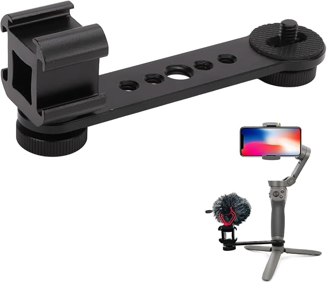 Triple Cold Shoe Mount, Gimbal Microphone Light Extension Bar Bracket Aluminium Alliage avec 1/4in et 3/8in Vissez les trous pour OM 3/2, pour l'eau douce 4, pour Stabiliseur Gimbal Feiyu(Noir)