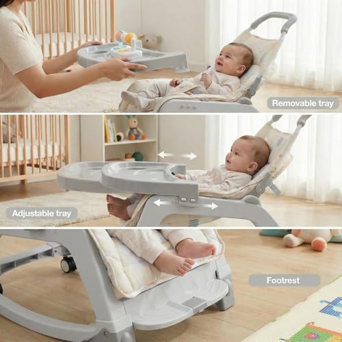 Image of Baybee Baby Rocker & Bouncer Chair for 0-3 Years | Baby Feeding Chair with Push Rocker Mode, Adjustable Canopy, Hanging Toys, 360 Wheels & 3-Point Safety Belt (Beige)