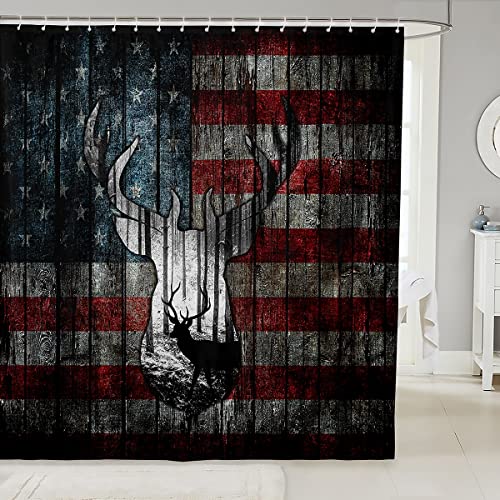 Manfei Deer Antler Silhouette Kids Shower Curtains,American Flag Patriotic Bathroom Curtains For Girls Boys Adults,Rustic Animals Hunting Black Retro Waterproof Curtains,12 Hooks Suits,72" W X 72" L #TOP24