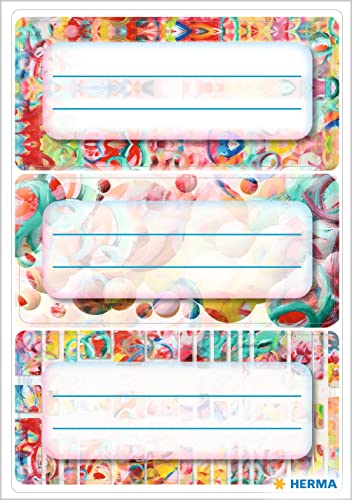 HERMA 1906 Buchetiketten zum Beschriften Malerei, 9 Stück, 76 x 35 mm, selbstklebend, liniert, Buchaufkleber für Schule Kinder Mädchen Jungen, mehrfarbige Heftetiketten Aufkleber, bunt
