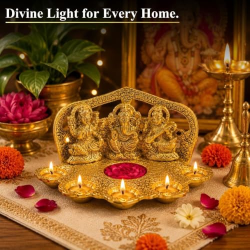 Image of Klassic Laxmi Ganesh Saraswati Idol Diya Oil Lamp | Elegant Metal Puja Deepak for Home Temple, Diwali Puja & Festive Decoration | Traditional Spiritual Showpiece & Gift Item (Pack of 1)