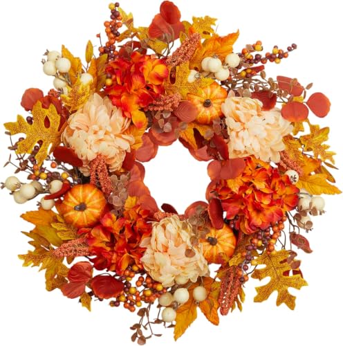 24 Inch Fall Wreath for Front Door, Artificial Autumn Leaves with Pumpkins