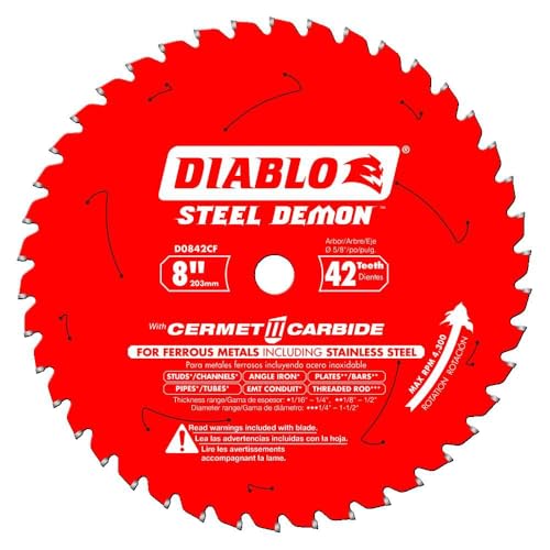 Image of Diablo Steel Demon Cermet II Saw Blade for Thick Metal - 8" Diameter | 42 TCG Teeth, 5/8" Arbor, .075" Kerf, 0" Hook Angle, .063" Plate, 4300 Max RPM - D0842CF