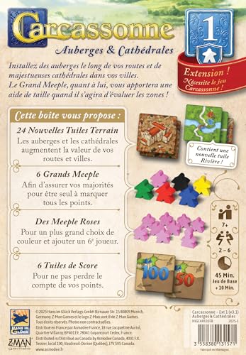 Asmodee - Carcassonne - Extension 1 : Auberges & Cathédrales - Hans im Glück - Jeu de société de stratégie - Dès 7 Ans - 2 à 6 Joueurs - 55 Min - Version Française