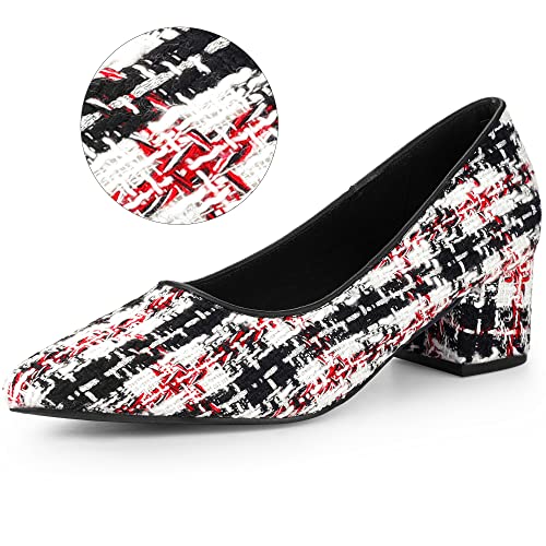 Allegra K Women's Pointy Toe Tweed Plaid Knitted Printing Chunky Heels Red Black Pumps - 7 M US