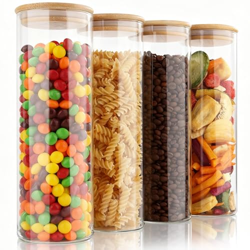 Otauoaea 4pcs Tarros de Cristal con Tapa, 4x 1000ml Frascos de Vidrio Herméticos, Botes de Cristal con Tapa de Bambu para Almacenaje Cereales, Harina, Merienda
