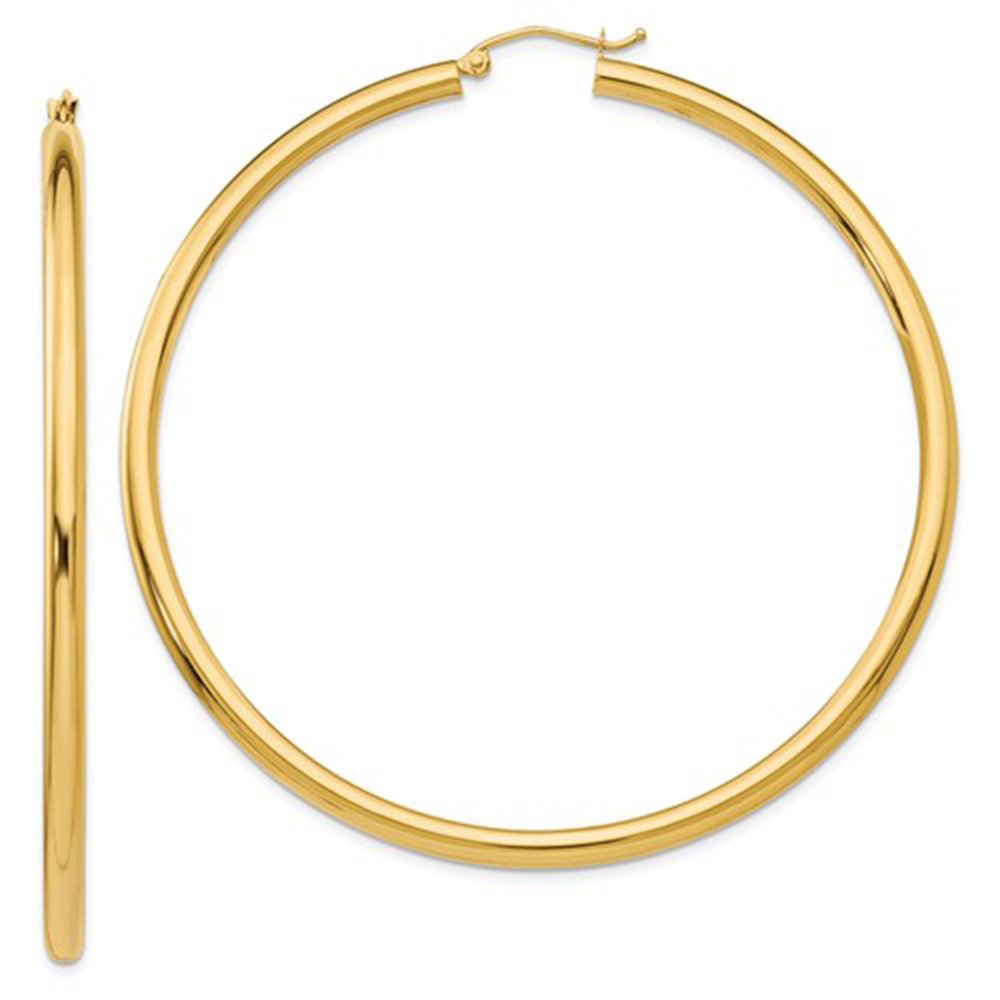 14K Yellow Gold Classic Real Hoop Earrings 3mm Thick Tube