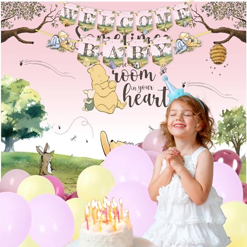 Classic Winnie Baby Shower Decoration Set – “Welcome Baby” Banner, Vintage Balloon Arch Kit & Pooh‑Themed Backdrop for Boy or Girl Party Supplies