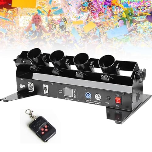 Oiyekntd Máquina lanzadora de Confeti eléctrica, máquina sopladora de Confeti Profesional de 4 Disparos, cañón de Confeti DMX/Control Remoto para Bodas, Discotecas, espectáculos, Clubes, escenarios