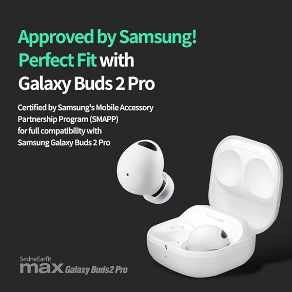 AZLA SednaEarfit MAX لـ Galaxy Buds 2 Pro Phantom Black (S/MS/M)، نصائح Earbud لسماعات الرأس اللاسلكية، نصائح لاستبدال سماعات الأذن لإلغاء الضوضاء، أطراف أذن معتمدة من سامسونج لـ Galaxy Buds 2 Pro