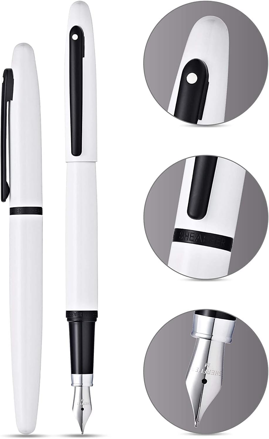 Sheaffer VFM Pearlescent White Lacquer with Contrasting Matte Black Appointments and Medium Nib Fountain Pen