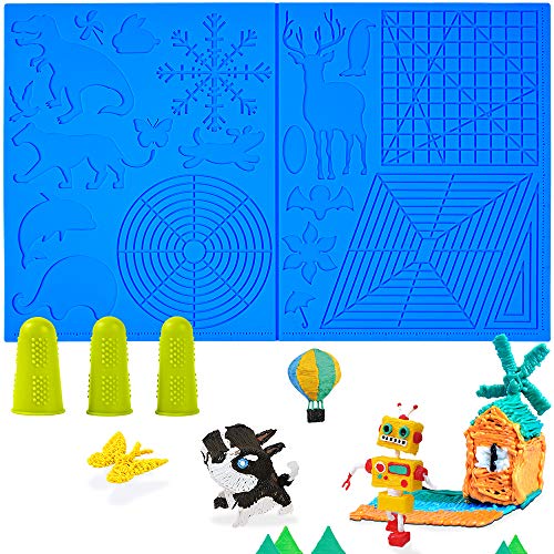 3D Pen Mat, 3D Printing Pen Mat Silicone Basic Stencils Templates Pad with 3 Finger Protectors 3D Pen Accessories Drawing Tools 3D Printing Pen Pad for 3D Pen Drawing Beginners Kids Adults (Blue)
