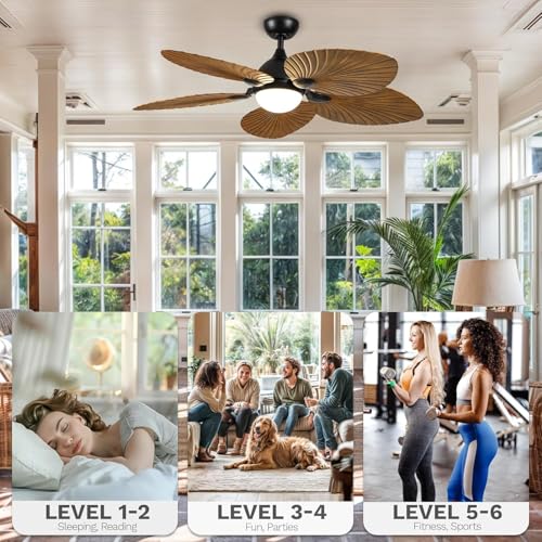 DWVO 52" Indoor Ceiling Fan with Light Kit & Remote - Tropical Palm Leaf Blades, Reversible Quiet DC Motor, 6-Speed Settings for Bedroom, Living Room, Dining Room