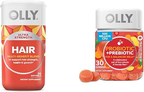 OLLY Cápsulas blandas ultra fuertes para el cabello, apoya la salud del cabello, biotina, queratina y probióticos + gomita prebiótica, apoyo